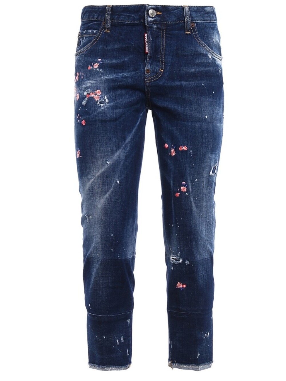 DSQUARED2 Dark Blue Denim Cropped Jeans with Pink Floral Embroidery